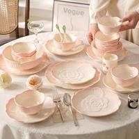 Nouvel ensemble de tasses de voyage en céramique pivoine rose, compatibles micro-ondes, élégantes tasses à café pour le thé de l'après-midi, bols et assiettes élégants sous glaçure