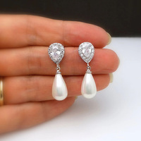 Elegantes Pendientes de Novia para Boda, con Perlas de Imitación en Forma de Lágrima, Chapados en Plata y con Circonita Cúbica