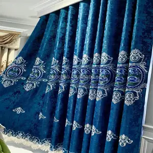 Vente en gros d'usine de rideaux de salon de luxe européens en tissu jacquard bleu brodé au laser