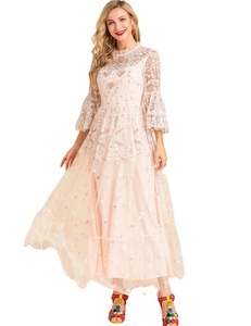 2022 hiver Casual Élégant Personnalisé Femmes Flare <span class=keywords><strong>3</strong></span> / <span class=keywords><strong>4</strong></span> Manches Blanc Floral Broderie Parti <span class=keywords><strong>Longue</strong></span> Dentelle Maxi <span class=keywords><strong>Robe</strong></span> - Product Image 1