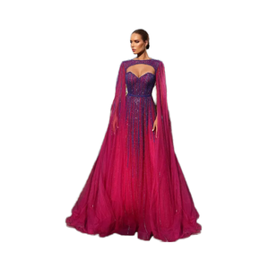 Fuchsia Kralen A-Line Avondjurk Cape Mouwen Tot Op De Grond Geïnspireerde Beroemdheden Ademend Voor Vrouwen - Product Image 1
