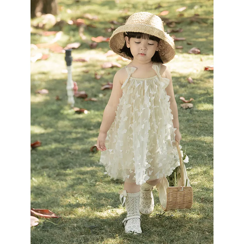 YOEHYAUL Boutique niñas vestidos de verano 2-12 con lazos 3D mariposa blanco sin mangas Correa princesa niño vestido de encaje niños