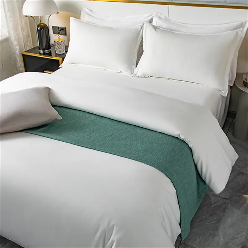 Juego de ropa de cama de diseño de tamaño para hotel, colcha blanca iluminada, de algodón y lino satinado, personalizada