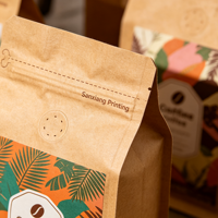 Sachet à café à fond plat, imprimé en gravure personnalisée, haute barrière, à huit soudures latérales, avec valve unidirectionnelle pour grains d'espresso