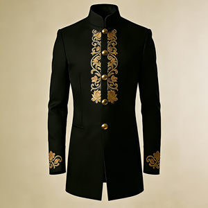 Blazer Masculino Preto com Gola Alta e Bordado Geométrico Dourado para Apresentações em Banquetes - Product Image 6