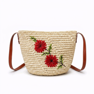 Bolso de Hombro de Paja Tejido a Mano, Bolso Tipo Clutch con Cremallera Bordada, Bolso de Moda Bohemia para Mujer - Product Image 1