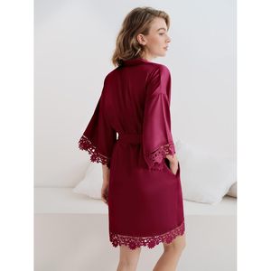 Bata de seda corta para mujer, estilo kimono, con cuello en V, manga farol, encaje satinado, para dormir, fiesta de bodas, dama de honor - Product Image 4