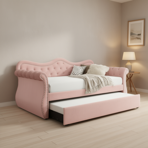 Divano letto Abby rosa in velluto imbottito, matrimoniale con letto estraibile, elegante mobile per camera da letto - Product Image 2