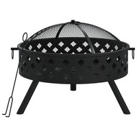 Brasero portable d'extérieur à bois, léger, en acier noir thermolaqué Ronry, avec poignée pratique et grille de protection