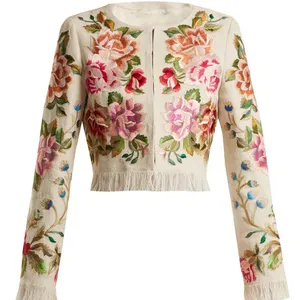 Cappotto in misto lino da donna con ricamo floreale, giacca casual in tessuto a collo alto standard, <span class=keywords><strong>taglie</strong></span> <span class=keywords><strong>forti</strong></span>, autunno 2023, consegna in 7 giorni - Product Image 1