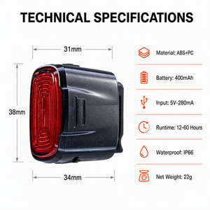 Luz Trasera para Bicicleta Recargable por USB, 400mAh, IP66 Impermeable, Luz LED Trasera para Bicicleta, 6 Modos para MTB, Bicicleta de Carretera, Scooter, 22g - Product Image 4