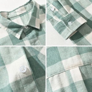 เสื้อยืดแขนยาวแฟชั่นใหม่สำหรับผู้ชาย ฤดูใบไม้ผลิ ฤดูใบไม้ร่วง เสื้อเชิ้ตผ้าฝ้ายแท้ทรงหลวมลำลอง ปกคอปก ลายสก็อต - Product Image 5