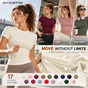 Custom Women Yoga CAMIS Top 78% Nylon 22% Spandex 300g Knitted Crew Neck Stretch Slim Fit Short Sleeve Gym Fitness Activewear - Product Image 2