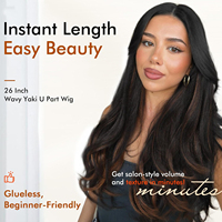 Perruque synthétique sans nœuds en V de 26 pouces en gros # Perruque mi-tête 1B Yaki Lisse en Fibre Thermorésistante Anti-Chute pour Femmes Noires