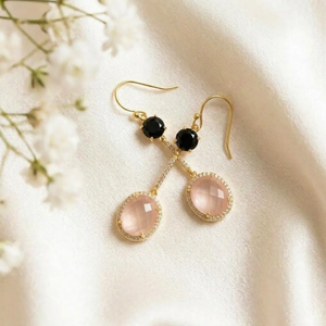 Pink <b>Rose</b> Quartz <b>Black</b> Obsidian Earrings Featuring Oval and Round Faceted Gemstone Drop Design in Sterling Silver or Gold Filled - Product Image 1