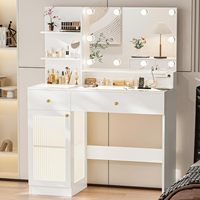 Ensemble de coiffeuse moderne écologique en bois avec plateau en verre, grand miroir, lumières, 3 couleurs d'éclairage réglables, table à langer blanche, hôtel