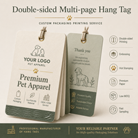 Étiquettes suspendues personnalisées multi-pages en papier écologique pour vêtements pour animaux de compagnie, avec marquage à chaud et gaufrage, faible MOQ, OEM ODM