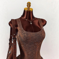 Nouvelle Robe Courte Européenne et Américaine Tendance Transfrontalière, Couleur Unie, Coupe Ajustée, Vintage, avec Empiècements en Dentelle et Multi-couches, Taille Haute