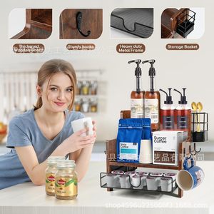 Wooden Three Tier <b>Coffee</b> Rack With Drawers <b>Cup</b> Holders Beverage Storage Desktop Organizer For <b>Coffee</b> Station - Product Image 1