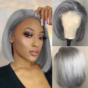 Parrucca Bob Color grigio <span class=keywords><strong>capelli</strong></span> umani 13x4 <span class=keywords><strong>capelli</strong></span> lisci lisci frontale Pre pizzicato con <span class=keywords><strong>capelli</strong></span> corti brasiliano <span class=keywords><strong>capelli</strong></span> di colore grigio - Product Image 4