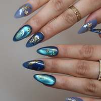 Faux ongles à presser en acrylique, style néo-chinois, bleu céladon, motif floral papillon et feuille d'or, texture œil de chat, forme amande, personnalisables, pour mariée