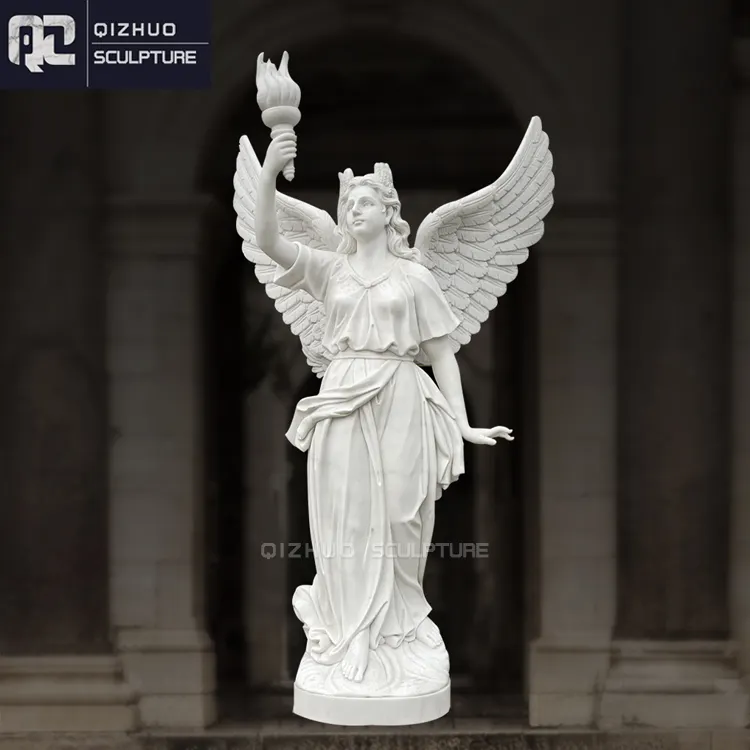 Estatua tallada a mano de piedra Natural para jardín, estatua de tamaño real, escultura de Ángel de mármol blanco con antorcha, venta al por mayor