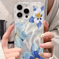 Coque de téléphone antichoc à motif floral bleu laser pour iPhone 16 15 17 Air 18 Pro Max 14 13, avec fil plume brillant