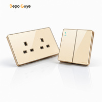 Prise murale en verre trempé à usage industriel avec bouton doré pour interrupteur d'éclairage, charge rapide USB Type-C 13A 18W, Royaume-Uni