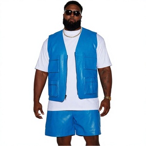 Conjunto de chaleco y pantalones cortos de cuero repujado antiarrugas para hombre, azul liso, estilo casual de otoño, 2 piezas, estilo urbano, chándal - Product Image 1