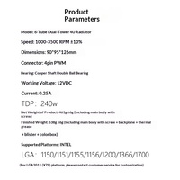 Refroidisseur de processeur 4U à 6 tubes et 92 mm avec 6 caloducs en cuivre, ventilateur silencieux 65 CFM à double roulement à billes, vente en gros
