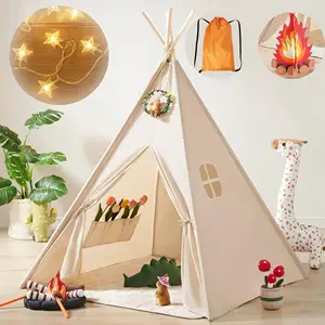 Maibeibi Baby Tipi Tent House Playhouse Indoor Foldable Children's Toy Tents Cotton Canvas 4 Poles Kids Indian Teepee Tent