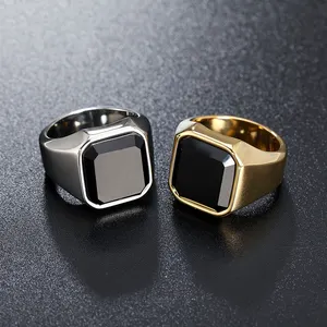 Titanium Steel Gold Silver Color Punk Rings Mens Finger Square Black Gem Onyx Agate Ring