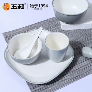 Wuhe <b>Melamine</b> Dinnerware Set Grey Round <b>Bowl</b> Plate Cup Spoon For Hotel Restaurant Use - Product Image 4