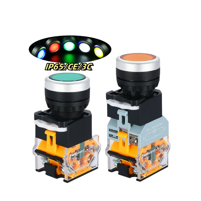 LA38  22mm Flat Plastic Push Button Switches Electrical Power on off Start Stop Button Switches with LED Indicator Light