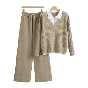 Women's Sweater <b>Pants</b> Set Knitted V Neck Collar Long Sleeve Wide Leg High Waist Casual Autumn Winter Outfit - Product Image 5