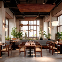 Ensemble de mobilier commercial écologique Ron Group : table carrée en bois massif, banquette en cuir, chaise de restaurant