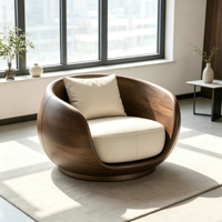 Fauteuil œuf de luxe en bois massif courbé avec coussin en cuir, fauteuil de loisirs design pour villa, hôtel, hall d'entrée