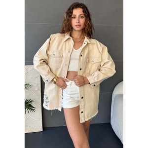 Veste en jean oversize déchirée avec double poche, veste en coton bleu clair pour femme, tendance - Product Image 2