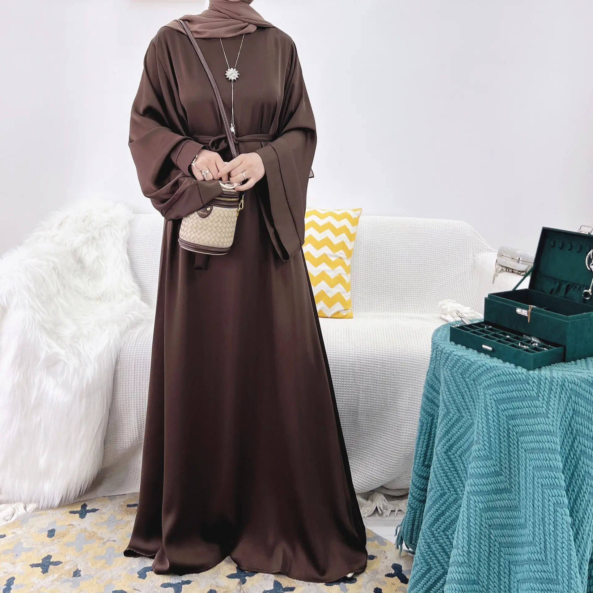 Satin Islamic Dresses women India pakistan dubai clothing wholesale muslim clothing for woman high waist plus size abaya