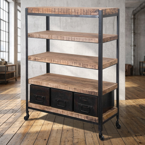 Étagère en métal de style antique avec tiroirs en bois de manguier, meuble de rangement industriel vintage pour l'école et le salon - Product Image 2