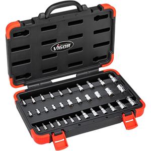 Juego de enchufes VIGOR T ∙ V1781N ∙ Cuadrado de 1/4 pulgadas (6,3mm), hueco, Cuadrado de 3/8 pulgadas (10mm), hueco, Cuadrado de 1/2 pulgadas (12,5mm), Holl - Product Image 1