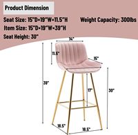 Lot de 2 tabourets de bar modernes en velours rose de 30 ''avec pieds en or pour îlot de cuisine, bar, pub, café, club