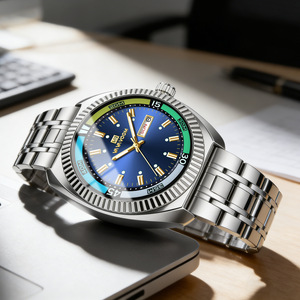 Montre pour homme avec bracelet en acier, double calendrier, cadran lumineux, montre de style professionnel, montre à quartz étanche. - Product Image 3