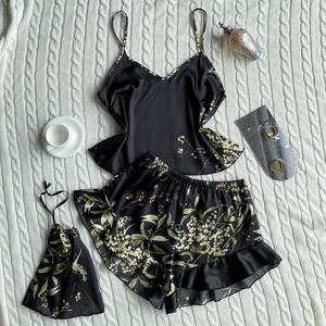Conjunto de pijama de satén floral, camiseta sin mangas, pantalones cortos con volantes, ropa de dormir a juego para mujer - Product Image 2