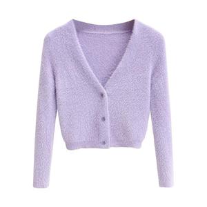 Bestseller Damen Crop-Top Pullover Herbst Langarm Slim Fit Gestrickte Knopfleiste Vorne Flauschige Strickjacke Damen Strickoberteil - Product Image 1