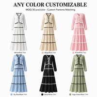Robe longue personnalisée à manches longues pour femme, style bohème, à volants, avec bordure en ruban, col en V, et liens à nouer sur la poitrine, idéale pour les vacances à la plage