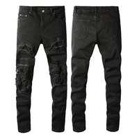 Vente en gros de jeans déchirés détruits noirs pour hommes, pantalons, jeans en denim patchwork pour hommes, jeans skinny personnalisés de personnalité vintage