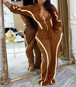 カラーパッチワーク2ピースセット女性ジップフルスリーブクロップトップ + ドローストリングパンツカジュアルスポーティスーツ - Product Image 4