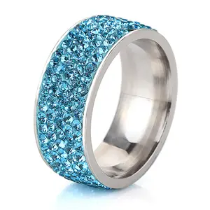 Wholesale size 6/7/8/9/10/11/12 purple pink blue Crystal Stainless Steel Rings for Women Men Wedding Jewelry