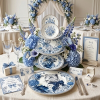 Assiette à salade et dessert en porcelaine motif guépard bleu et blanc, vaisselle de table florale pour mariage et fête